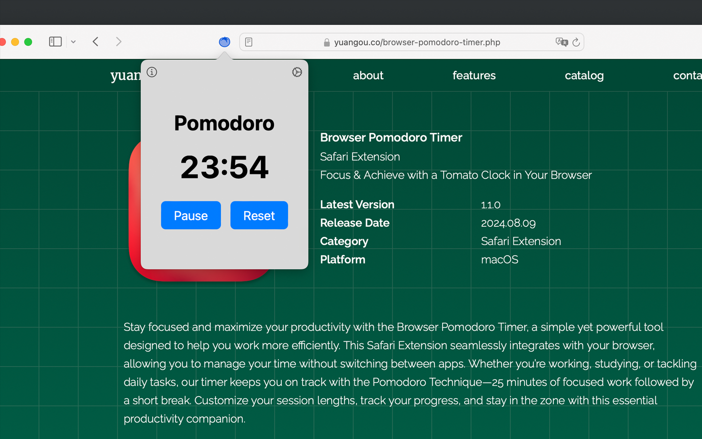 Browser Pomodoro Timer in the Safari toolbar